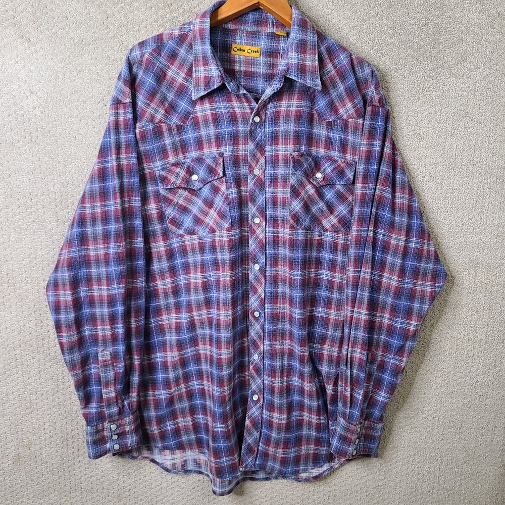 Vintage Cobra Creek Shirt Mens XLT Blue Plaid Snap Button Western Flannel Cotton